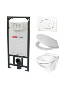 Alcaplast A101 WC szett - falba építhető WC tartály szerelőkerettel, fehér nyomólappal, csészével, ülőkével
